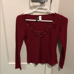 Divided Red Lace Up Top